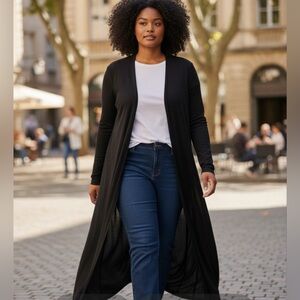 Chic Full-Length Duster Cardigan in Classic Black Plus SZ 4X